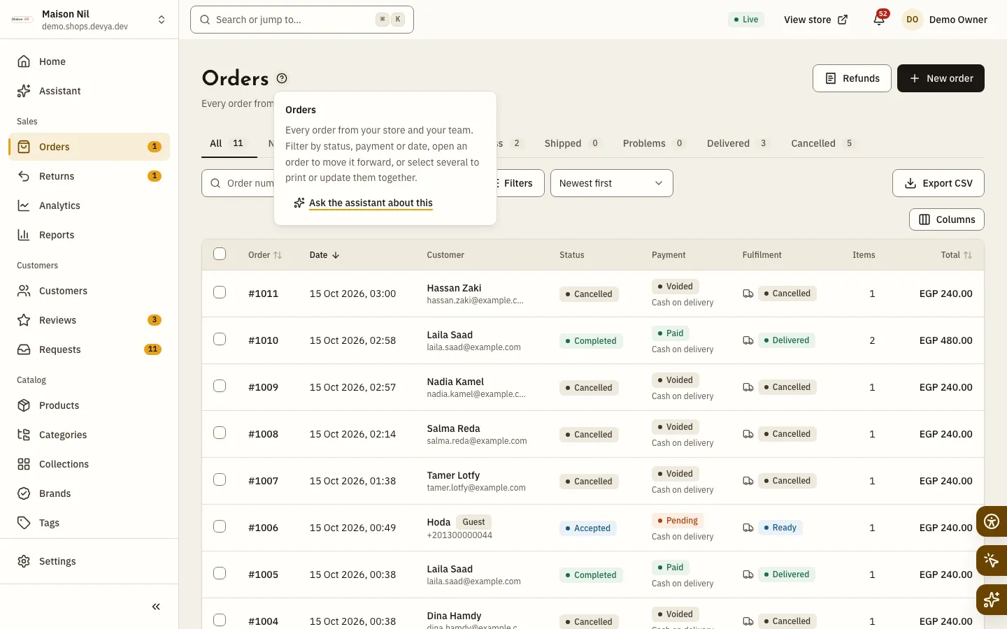 A small popover under the (?) next to the Orders page title: the page’s name and a short explanation of it.
