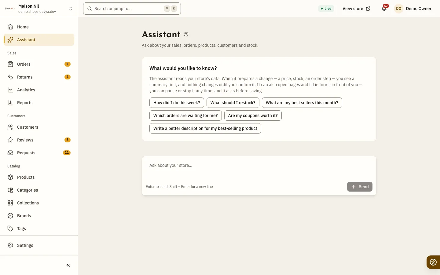 The Assistant page: “What would you like to know?”, a line saying the assistant changes nothing until you confirm, starter questions, and the question box.
