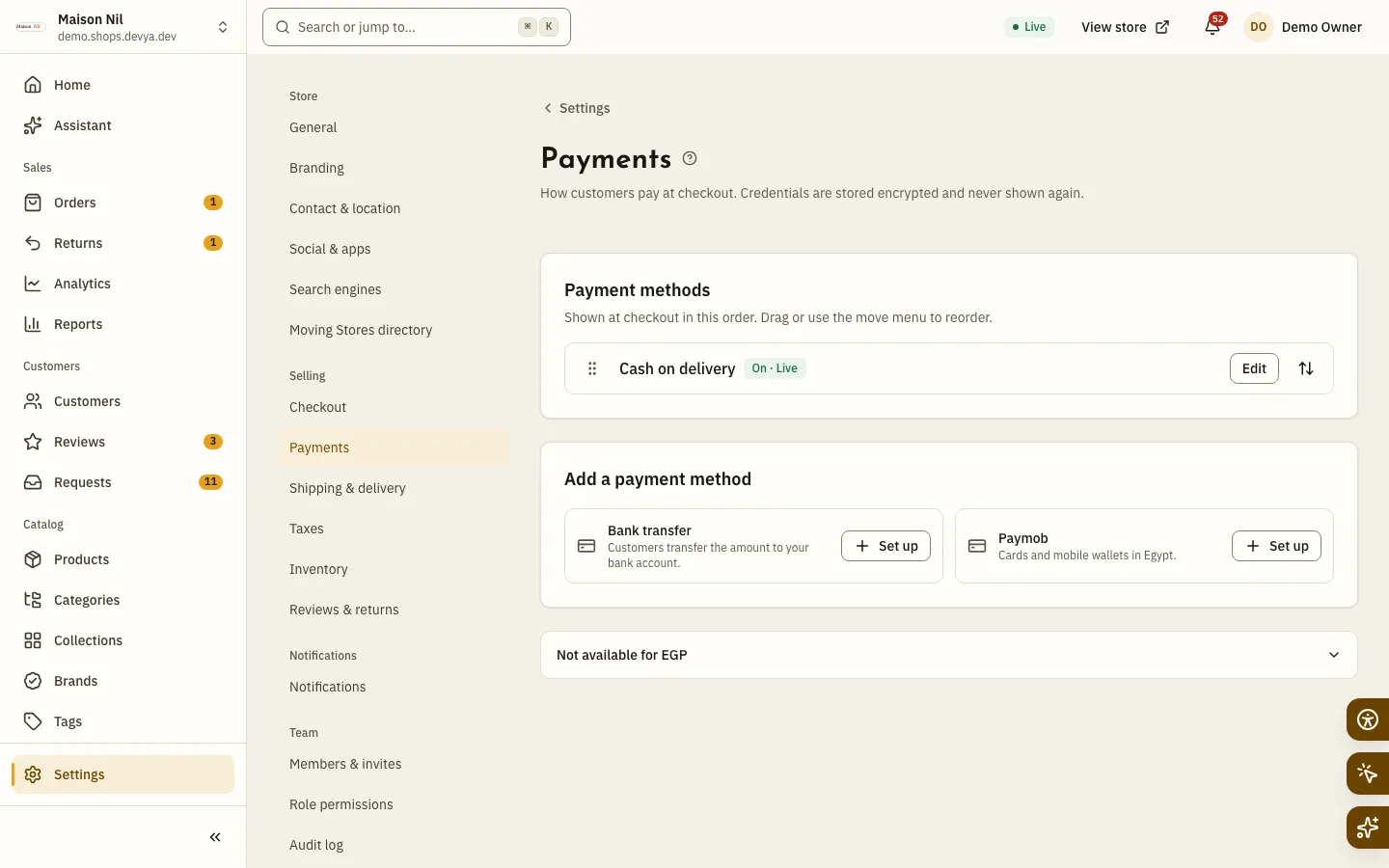 The Payments page in Settings: the Payment methods card with the methods set up and the status of each, and below it the Add a payment method card with a Set up button next to each method.