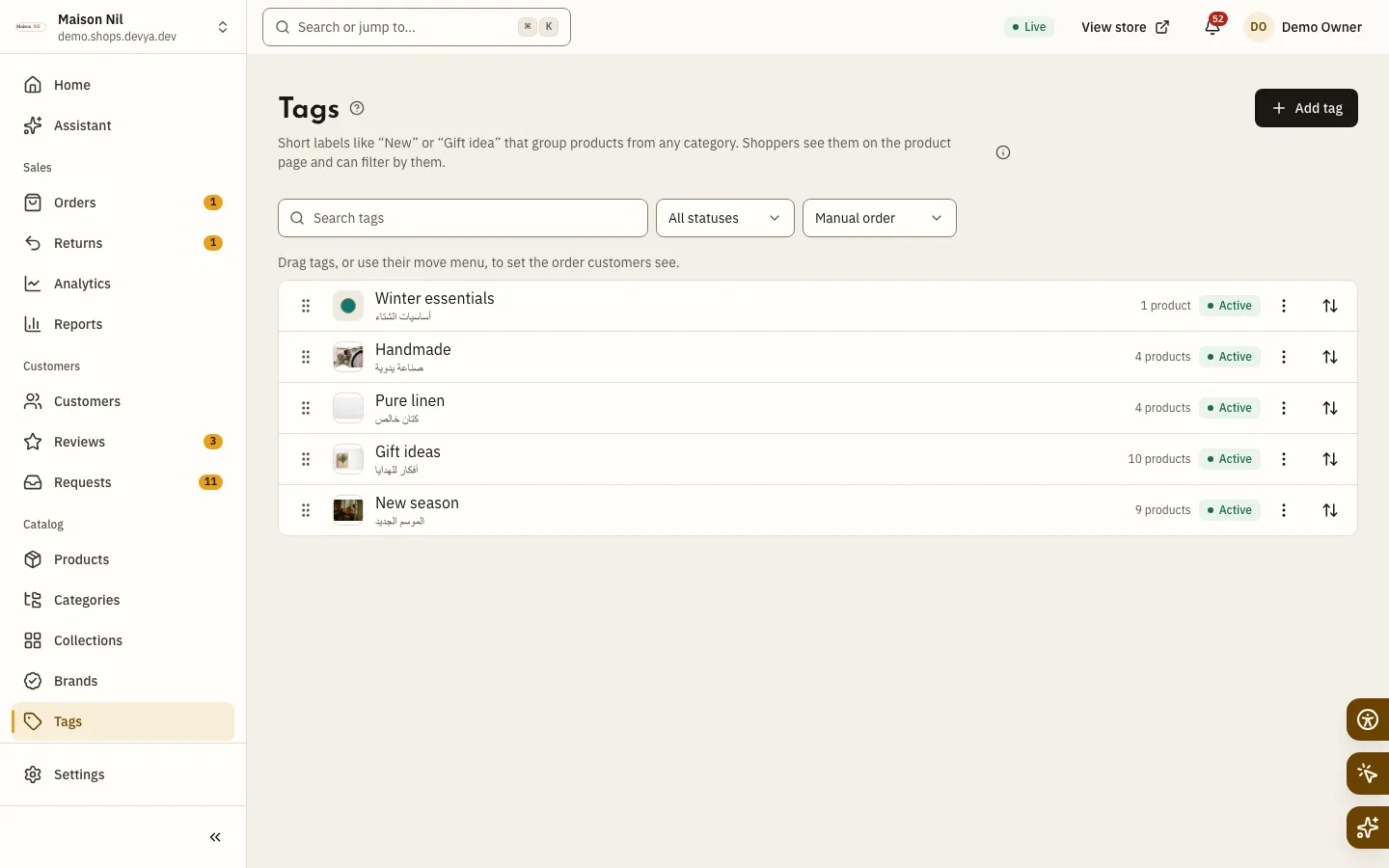 The Tags screen: the list of tags with their colours and each tag’s product count.