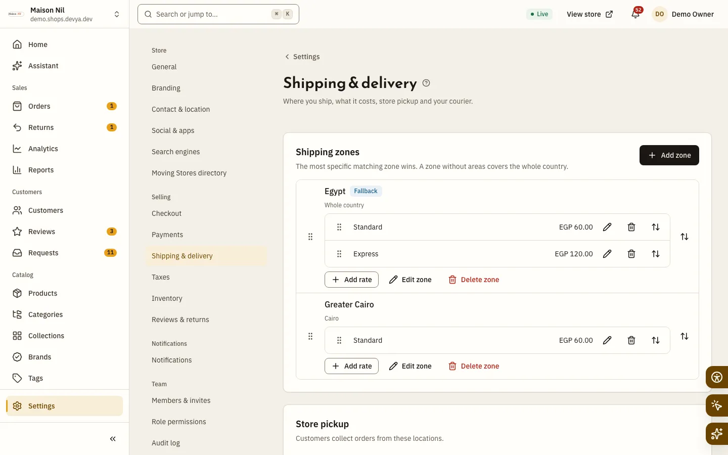 Shipping & delivery settings in a shop store: the Shipping zones card with its zones and each zone’s rates, then the Store pickup card, the Bosta card and the address checker.