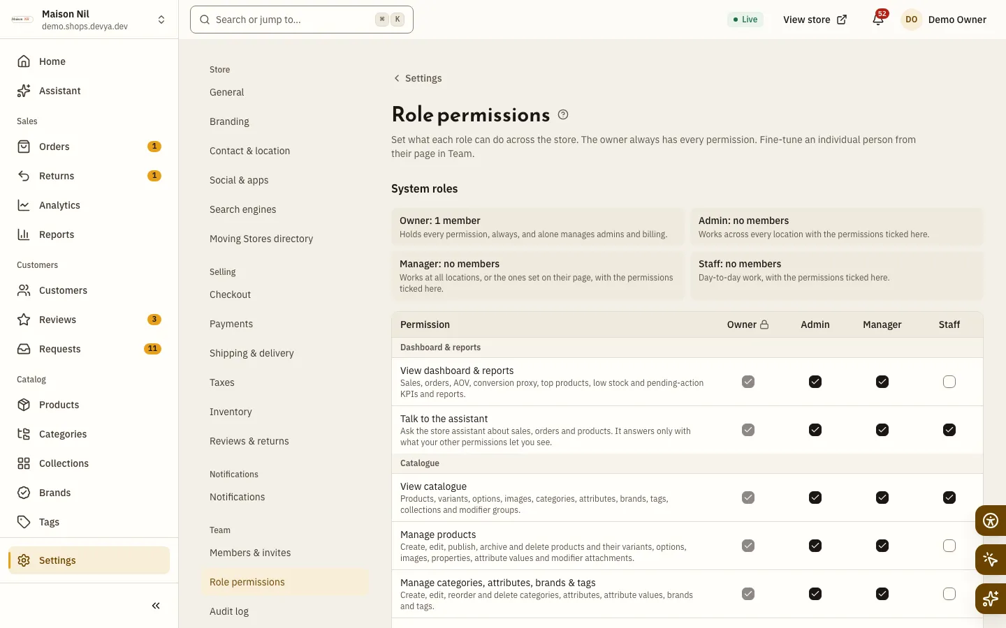 The Role permissions page: the system role cards with their member counts, and the permission table with a column per role.